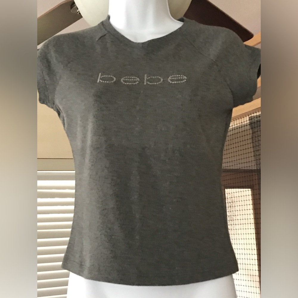 bebe Gray Crystal Logo Short Sleeve Tee